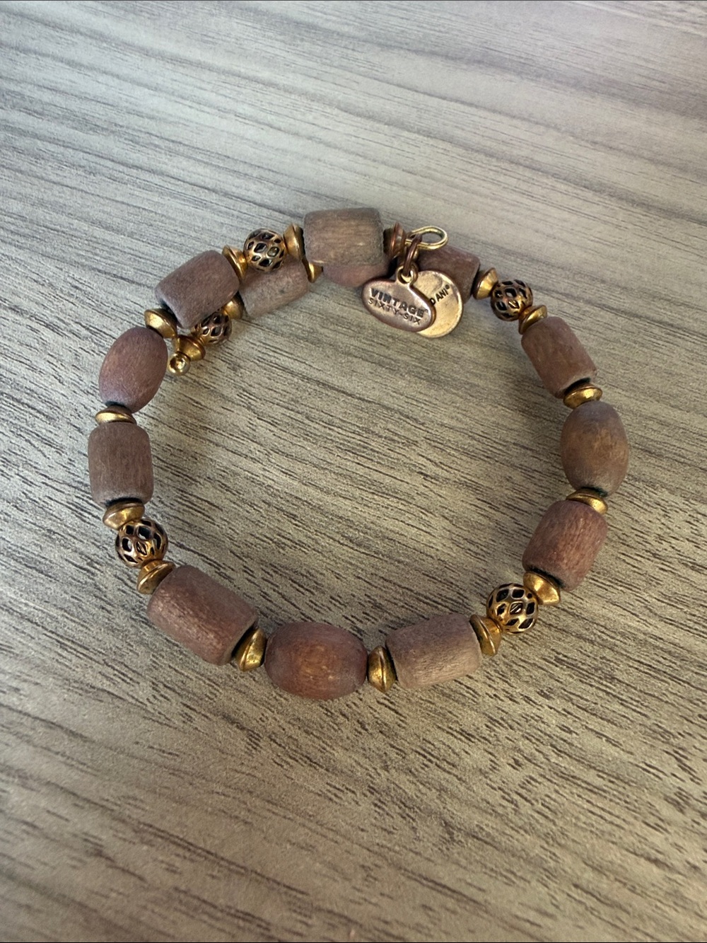 Vintage Brown Wood and Gold Accent Bracelet